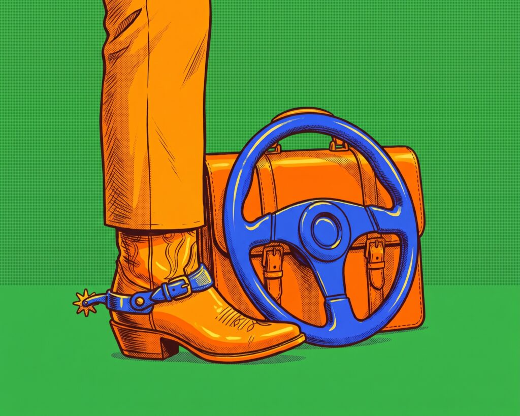 A cowboy boot with a spur and a suit trouser leg beside a briefcase with a steering wheel for a handle.