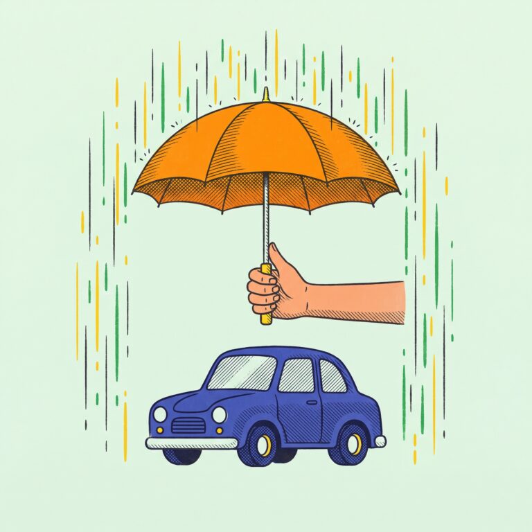 A hand holding an umbrella over a small car in the rain.