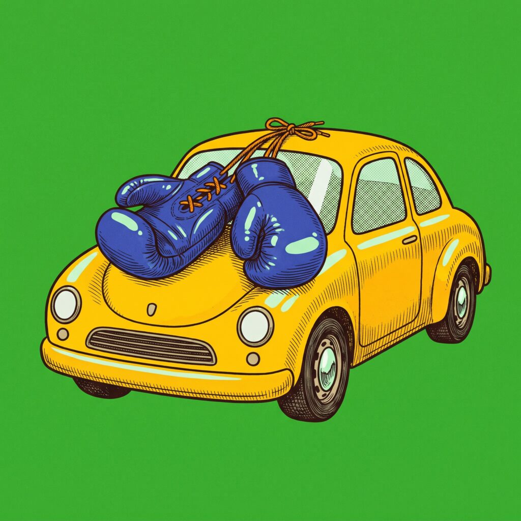 A pair of boxing gloves resting on the hood of a small car.