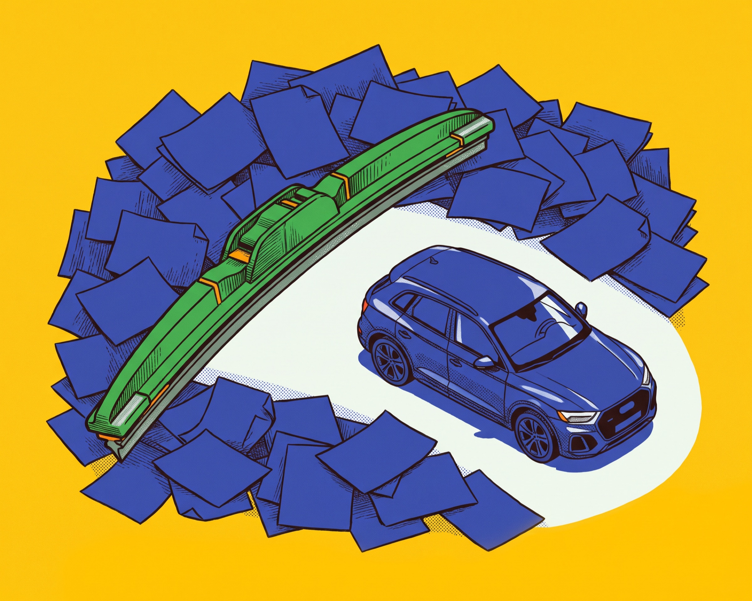A green windshield wiper sweeps aside a thick mound of cobalt paperwork to reveal a clear grey Audi Q5.