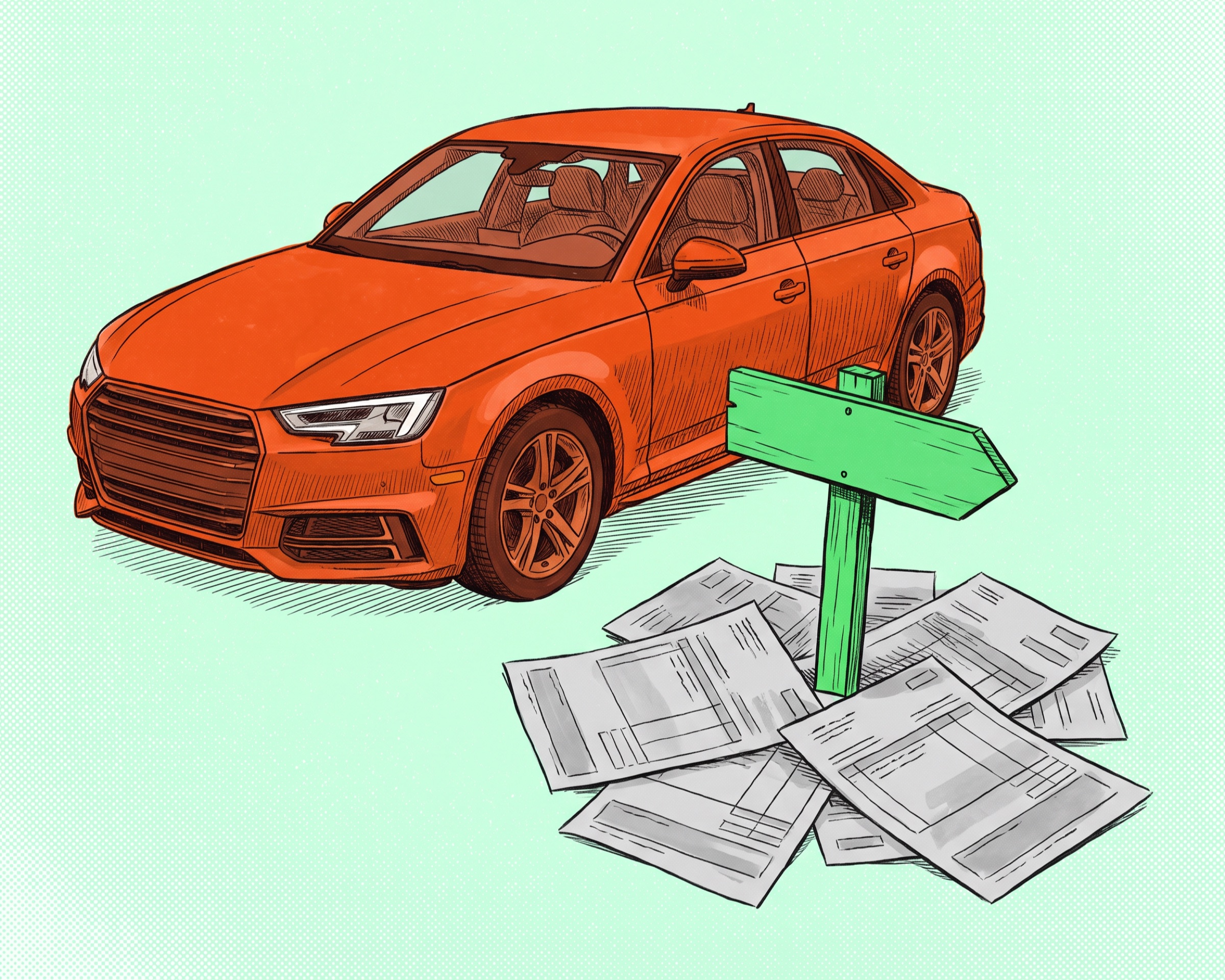 A bright green wooden trail signpost stands in the middle of a messy pile of grey service tags next to an orange car.