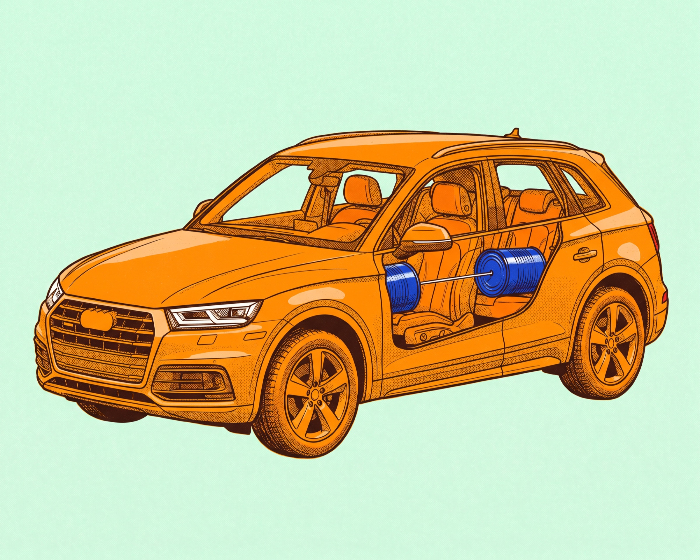 An orange SUV with its cabin cut away reveals a blue tin-can telephone stretching across the seats.