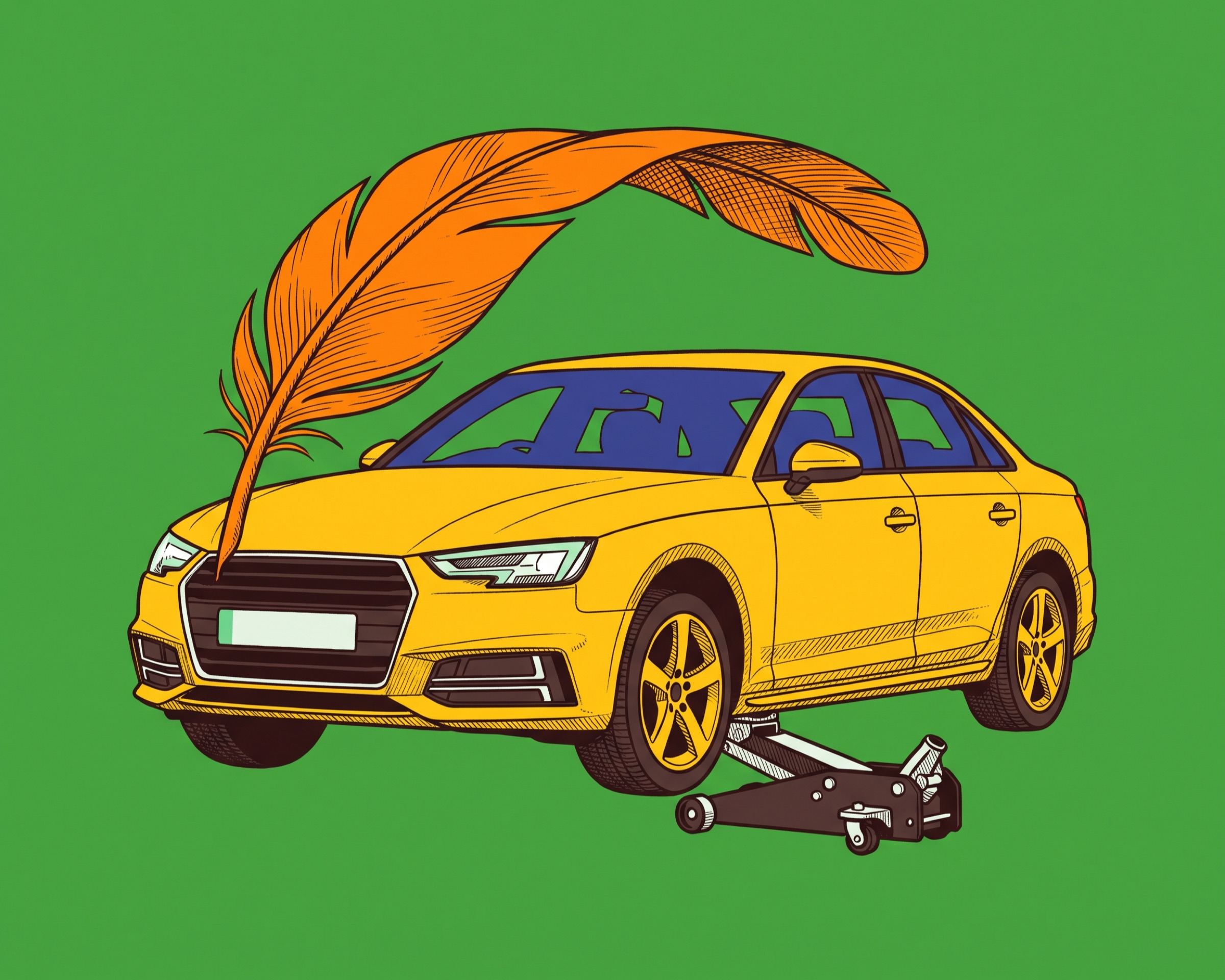 A yellow car elevated by a grey floor jack that uses a large orange feather for a handle.