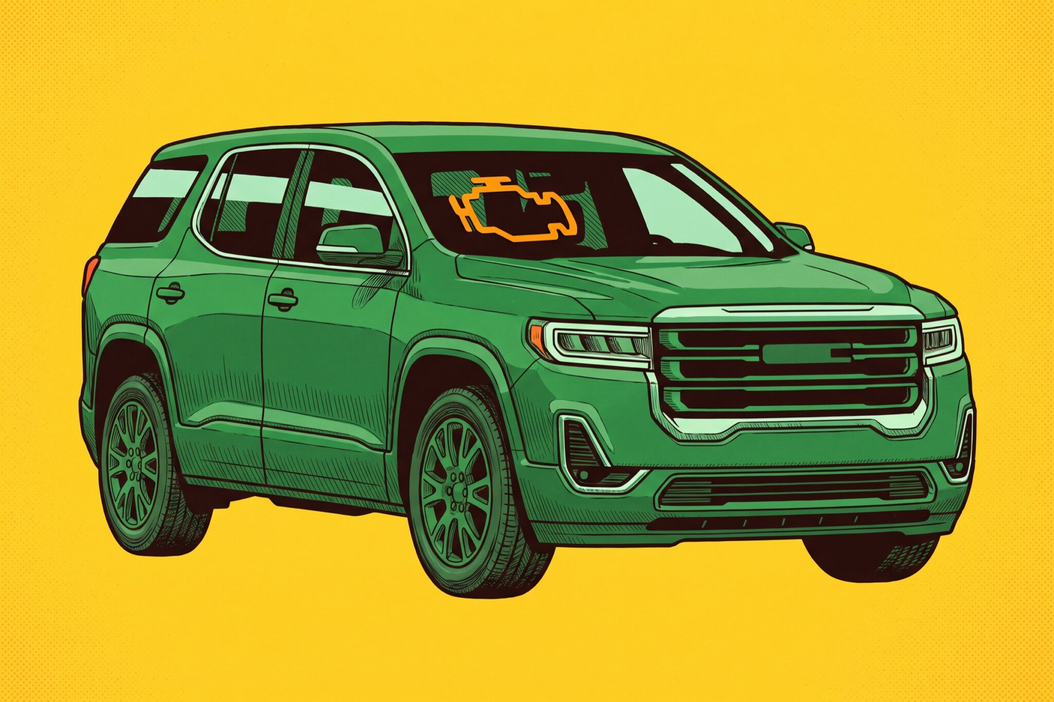A green GMC Acadia features a bright orange window sticker shaped exactly like a check-engine light.