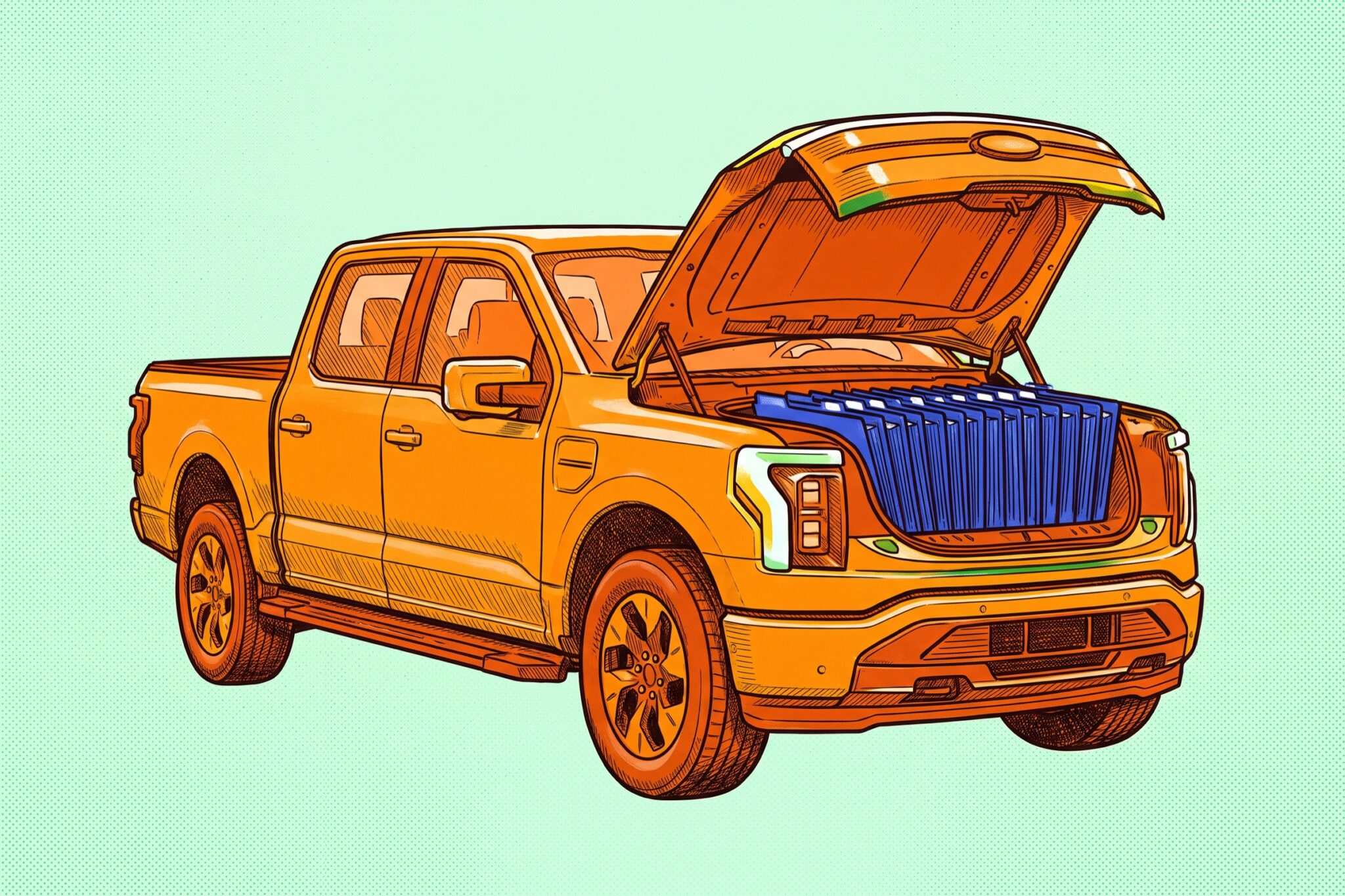 An orange Ford F-150 Lightning with its front trunk open, revealing neatly organized blue service folders inside.