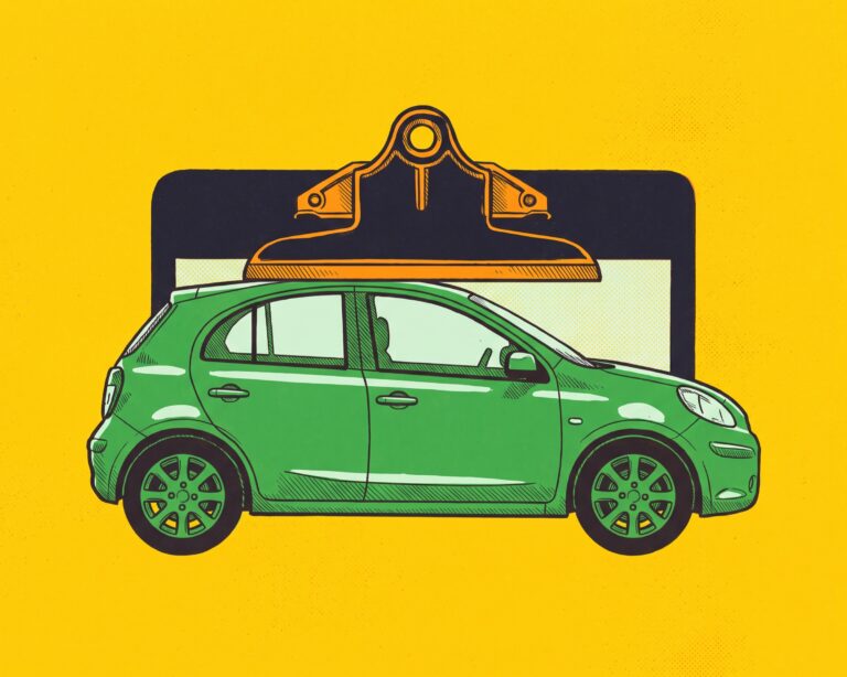 A bright green car secured tightly under the silver metal clip of a dark ink office clipboard on a yellow background.