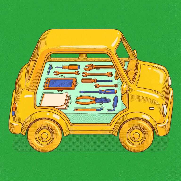 A yellow vehicle is cut away to reveal its interior is filled with mint foam securely holding nested tools.
