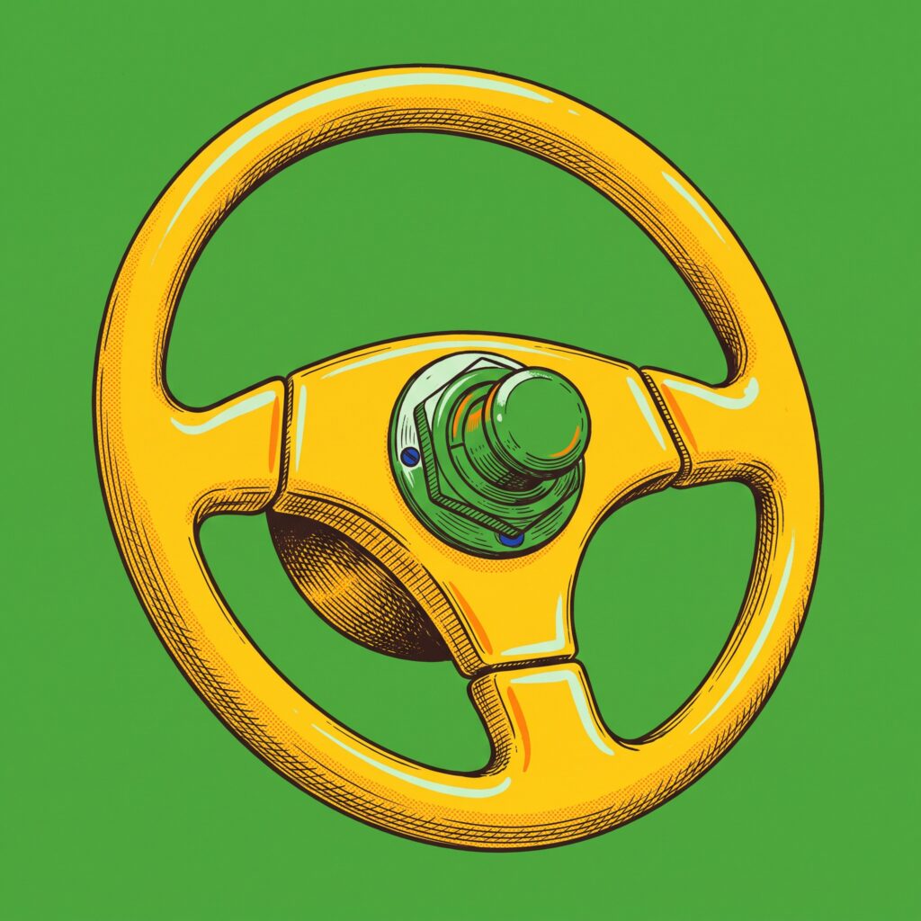 A yellow automotive steering wheel featuring a large, raised green industrial push-button in its center.