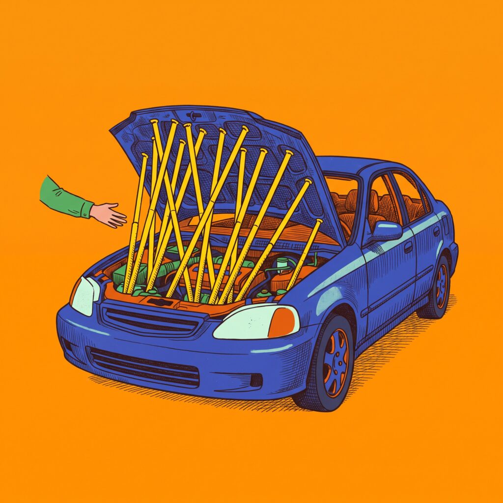 A cobalt car with its hood raised, supported by a dozen bright yellow hood prop rods crowded together in the engine bay.