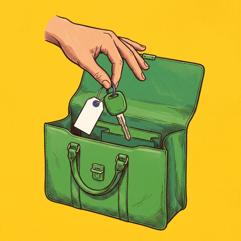 A single hand drops a green car key with a blank white tag into an open ink-colored leather briefcase.