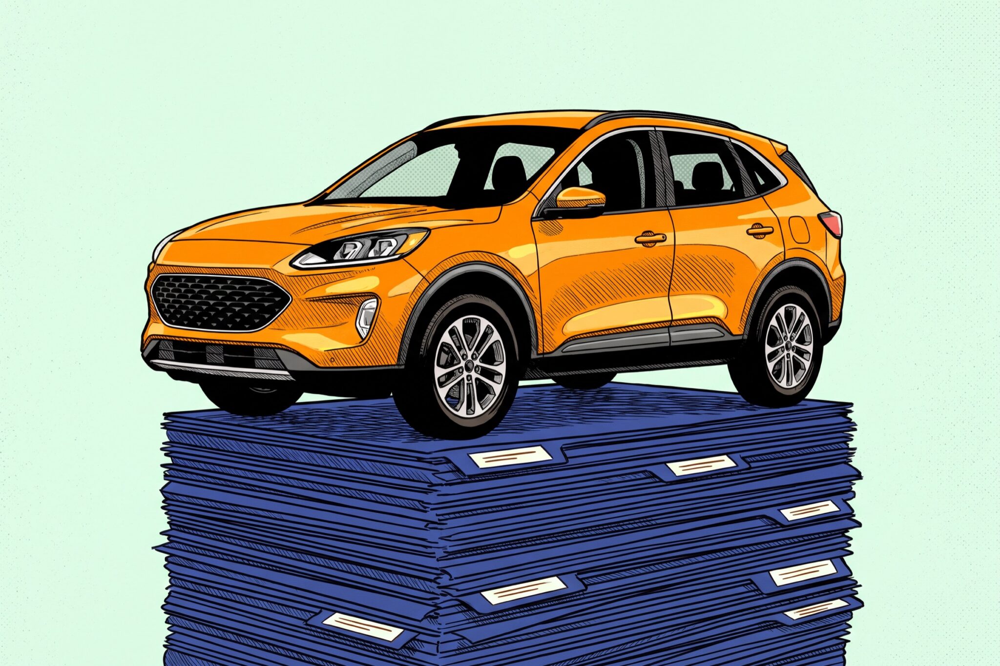 An orange Ford Escape Hybrid stranded atop a tall stack of ink-blue file folders on a mint background.