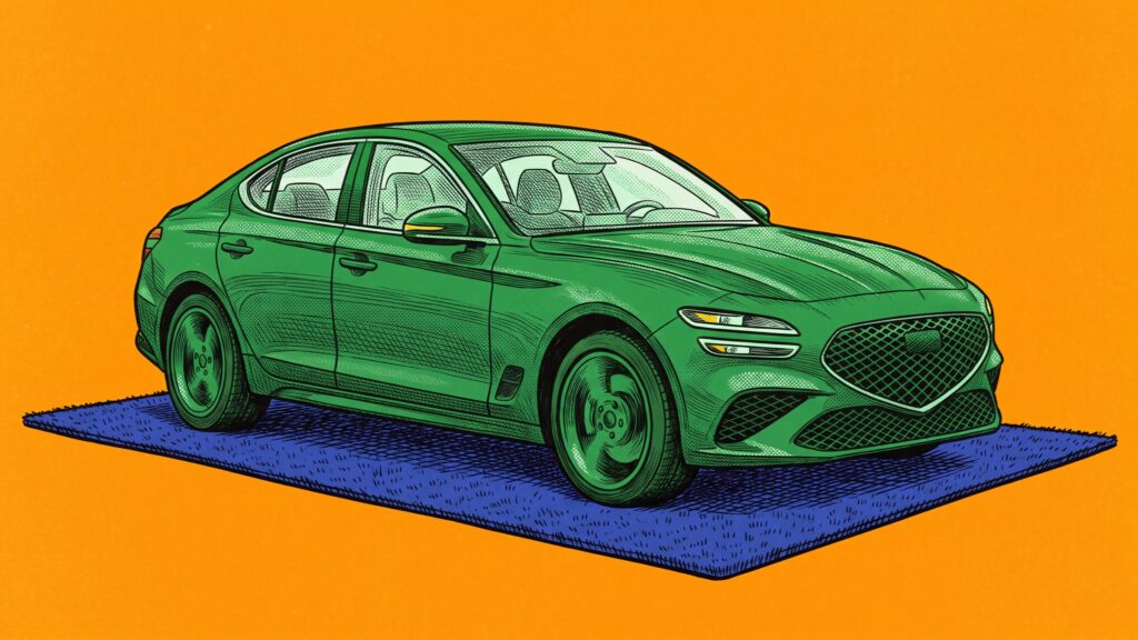 A green Genesis G70 is parked squarely in the center of a rectangular cobalt blue woven welcome mat.