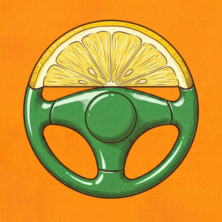 A green steering wheel whose top half is a slice of fresh lemon.