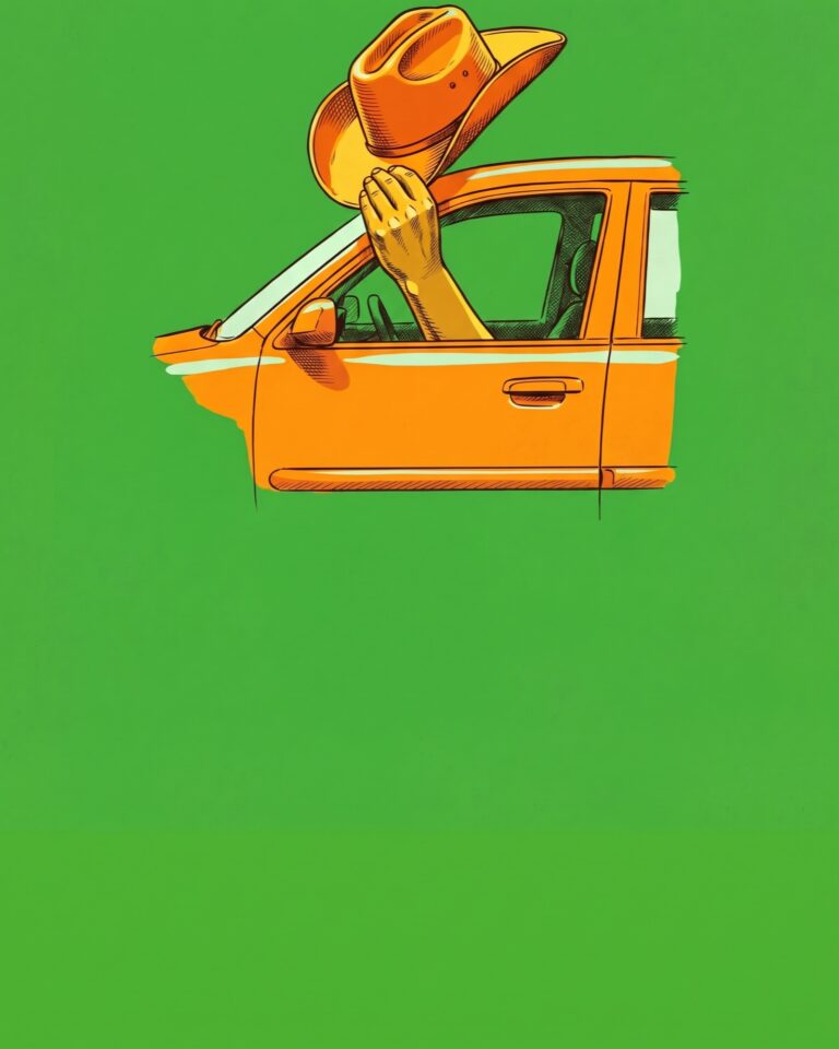 A hand tipping a cowboy hat out of a car window.