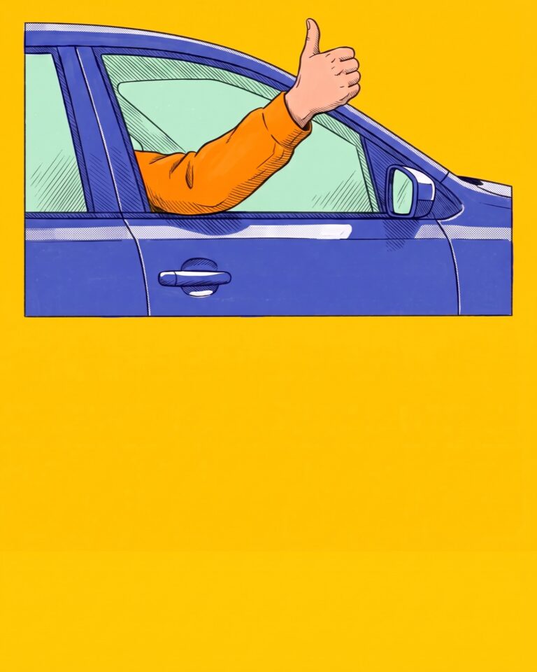 A hand giving a thumbs-up out of a car window.