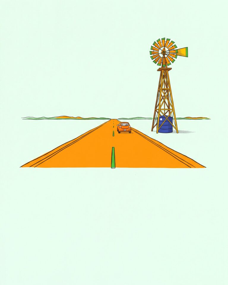 An empty Texas highway with a windmill and a small car far down the road.