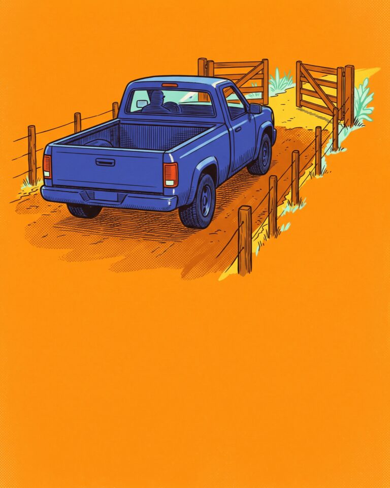 A pickup truck seen from behind, driving down a ranch road toward an open gate.