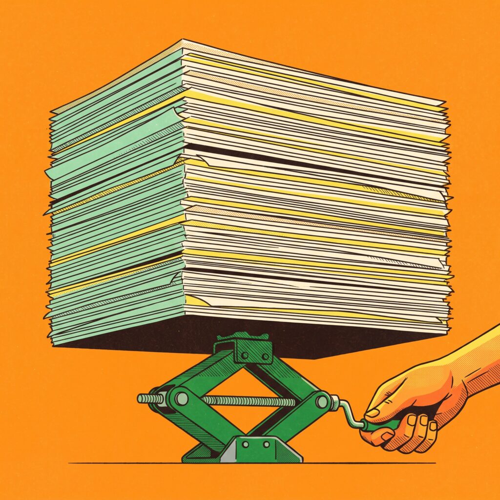 A deep green automotive scissor jack lifting a massive stack of blank, ink documents upward.