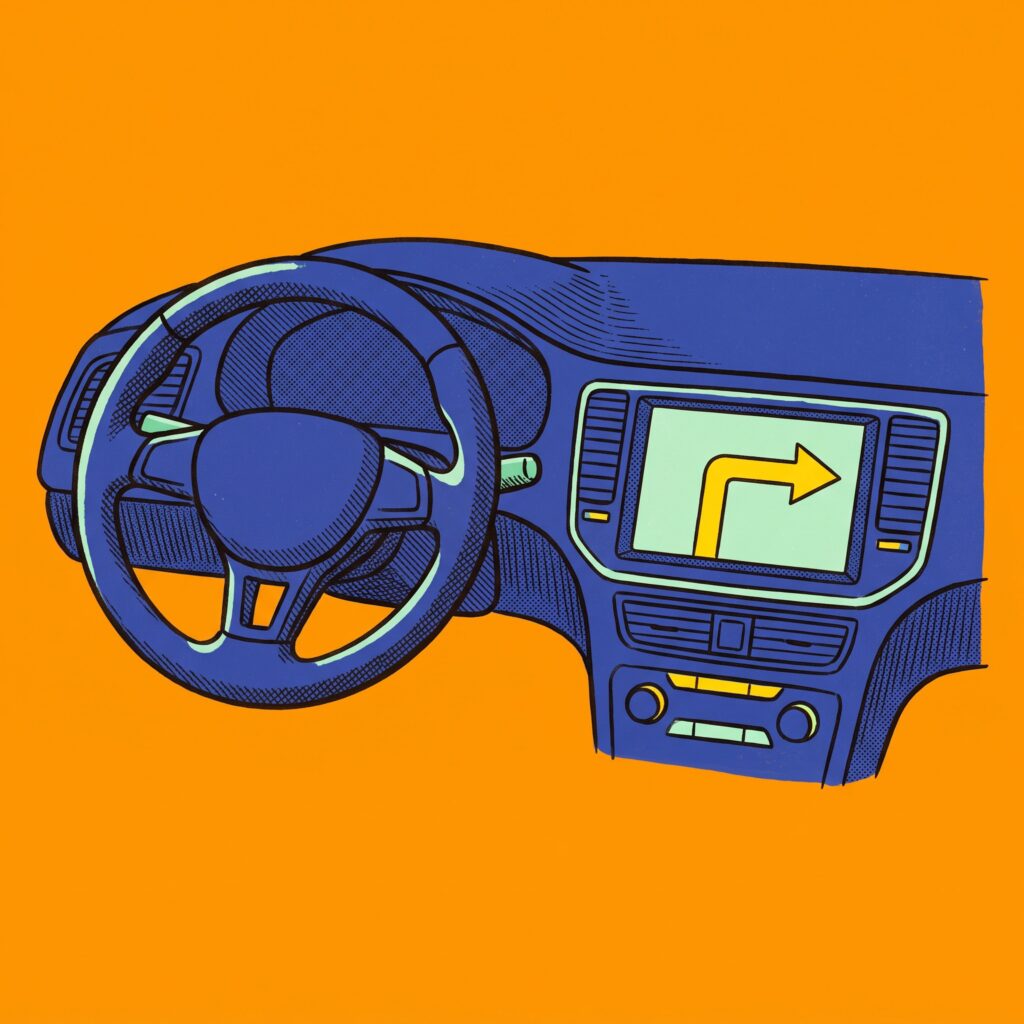 A car dashboard with a navigation screen showing one clear route.