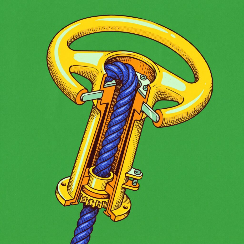 A yellow steering column cut in half reveals a thick cobalt lasso rope threaded down its hollow center.