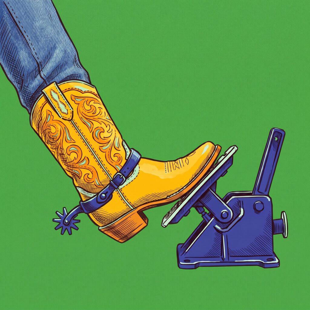 A cowboy boot with a spur, on a leg in blue jeans, pressing down a car’s accelerator pedal.