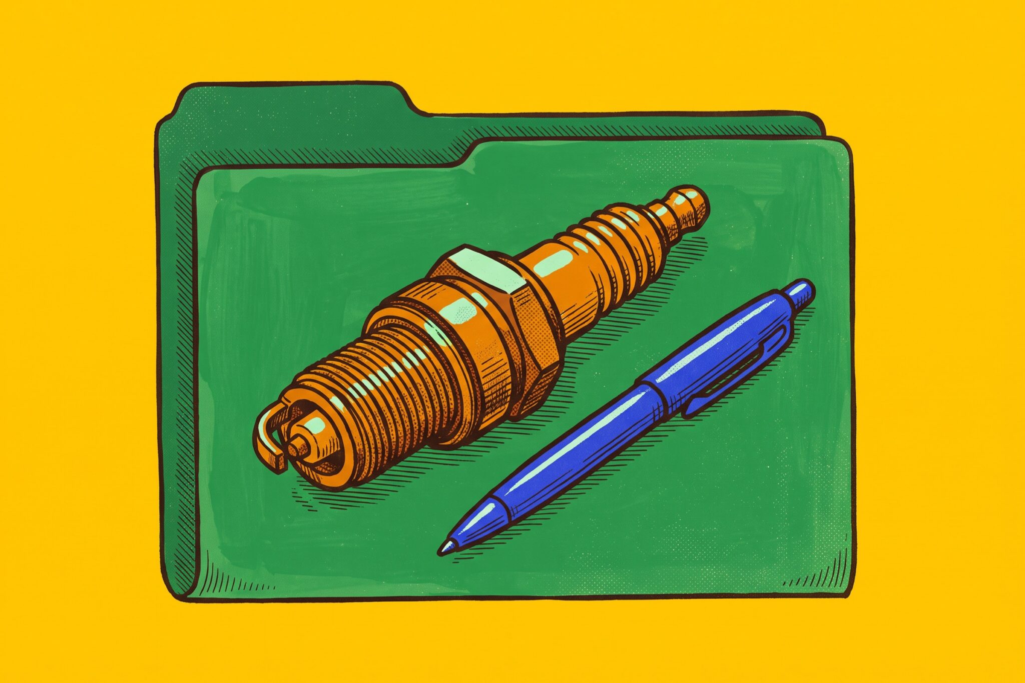 An open deep green file folder holding a single grey automotive spark plug and a bright cobalt pen.