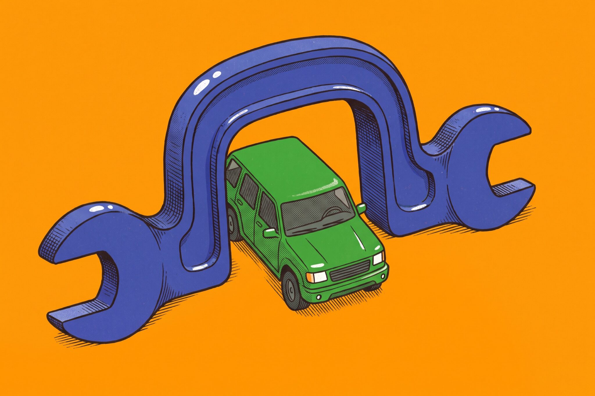 Seen from above, a green car drives through an archway made from a bent cobalt mechanic's wrench.