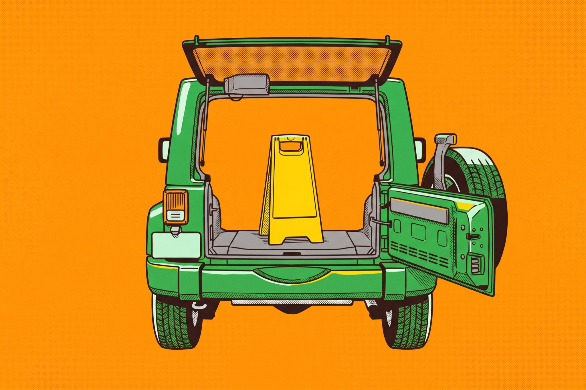 A green Jeep Wrangler with an open tailgate and a blank yellow wet-floor sign standing in the back.