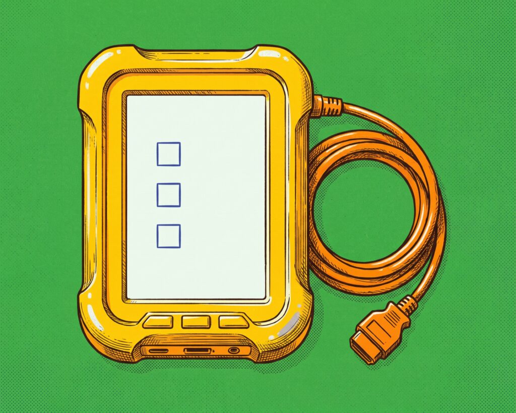 A yellow automotive diagnostic tablet on a green surface displays three empty blue checkboxes.