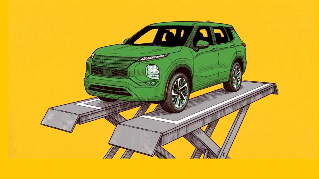 A green Mitsubishi Outlander parked on a grey repair lift painted with white parking-space lines.