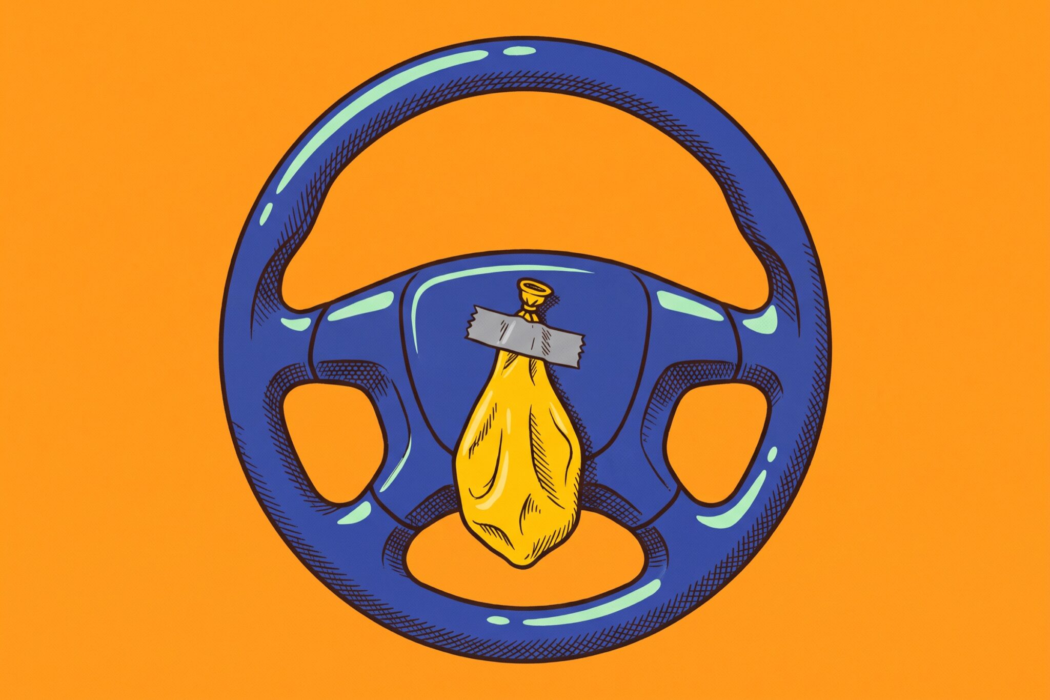 A cobalt car steering wheel features a deflated yellow rubber balloon taped to its center.