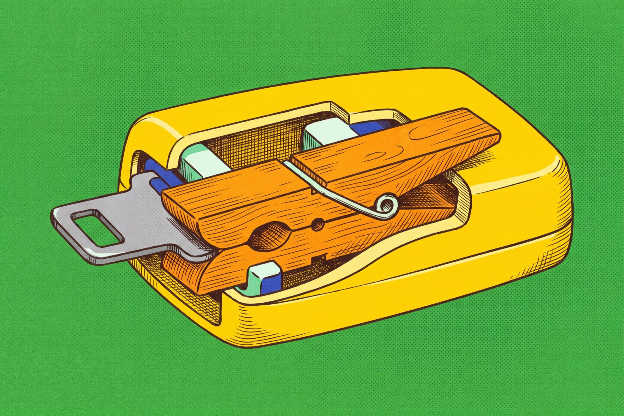 A yellow seat belt buckle cut open to show an orange wooden clothespin weakly gripping the metal latch.