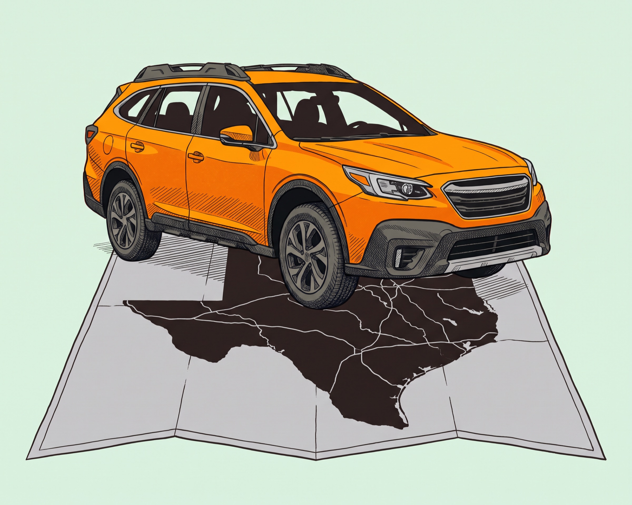 An orange Subaru Outback parked on a grey road map displaying only an ink-colored silhouette of Texas.
