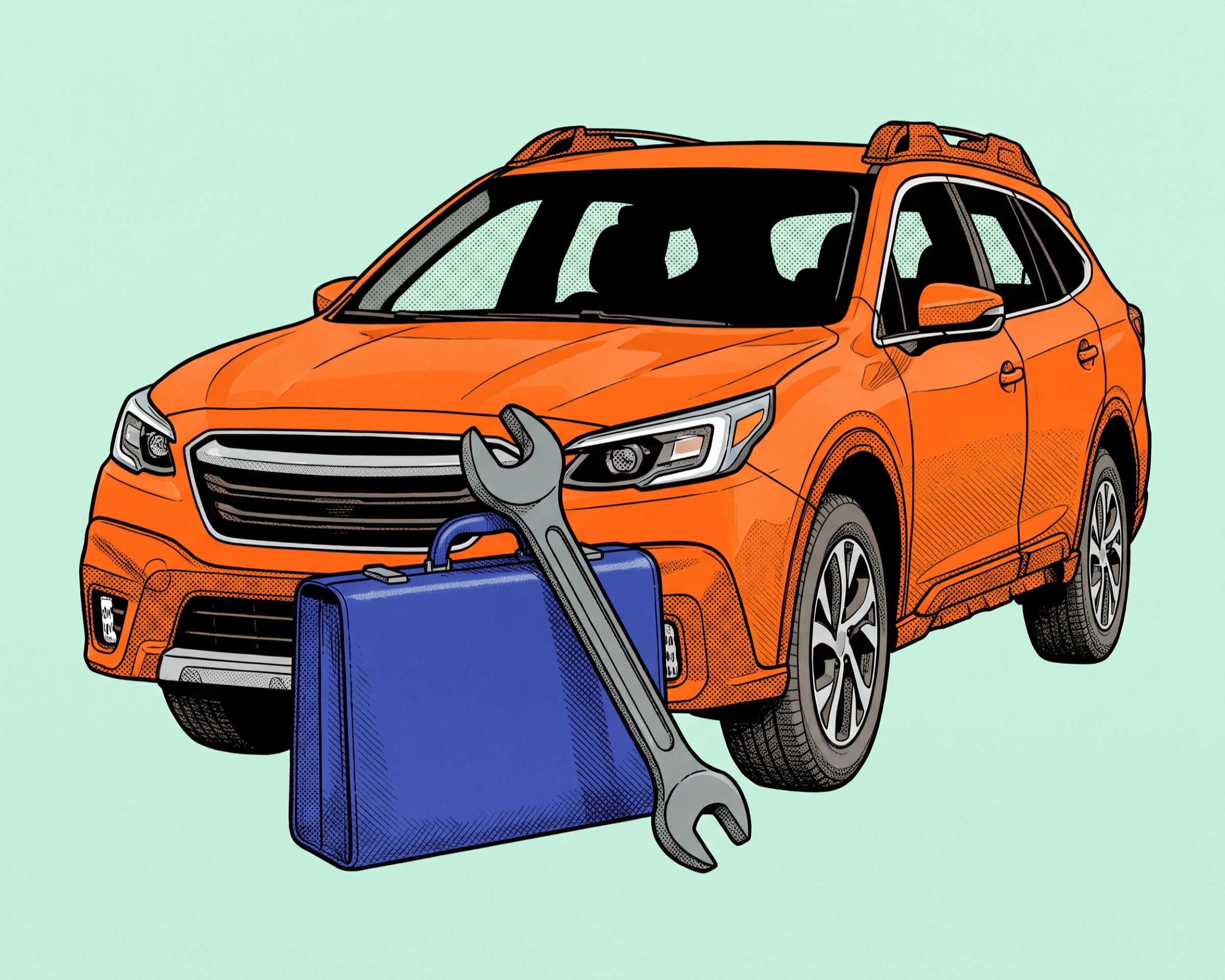 A blue leather briefcase leaning against an orange Subaru Outback, pinned in place by a heavy grey wrench.