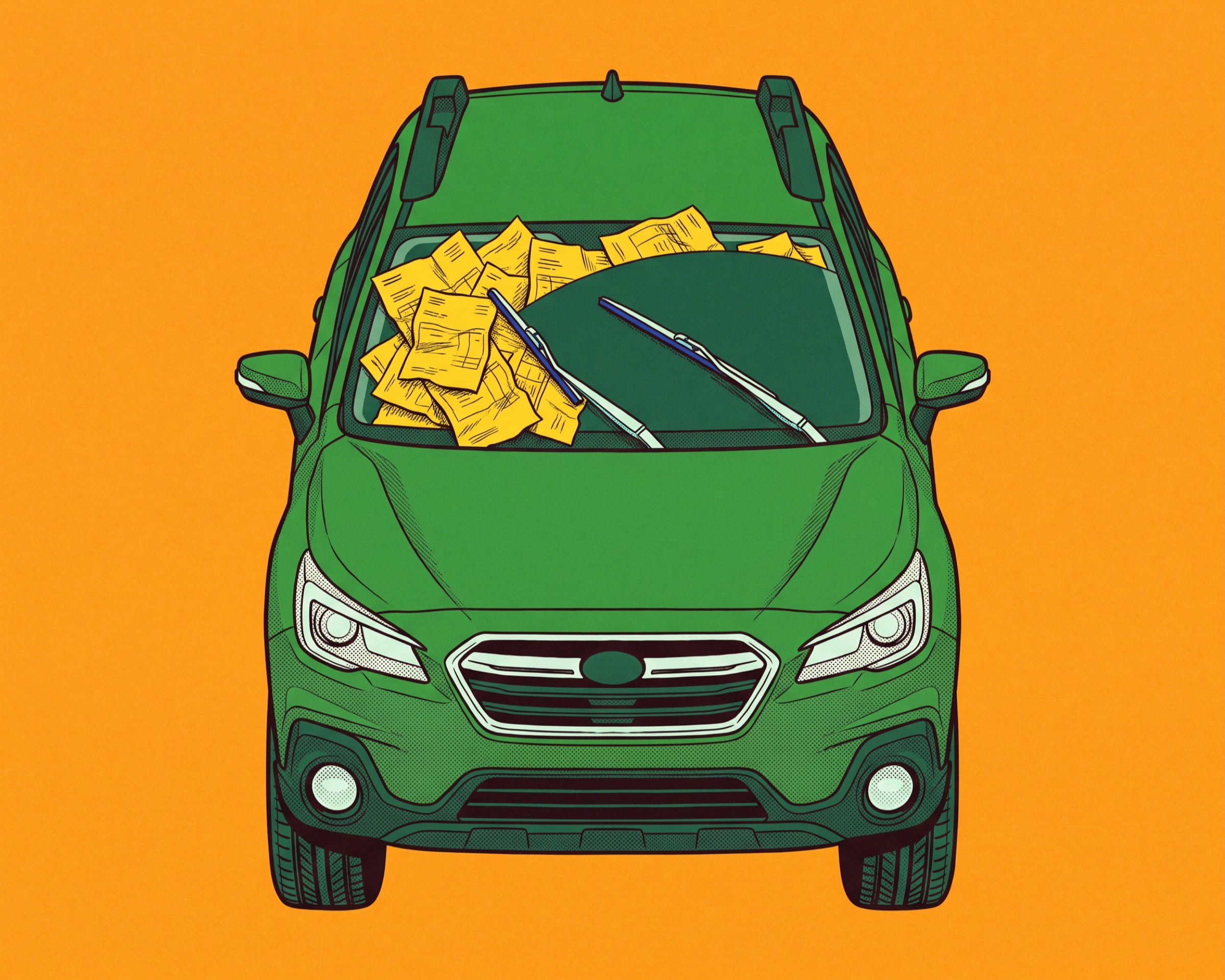 A green Subaru Outback from above, its windshield wiper sweeping away crumpled yellow repair invoices.