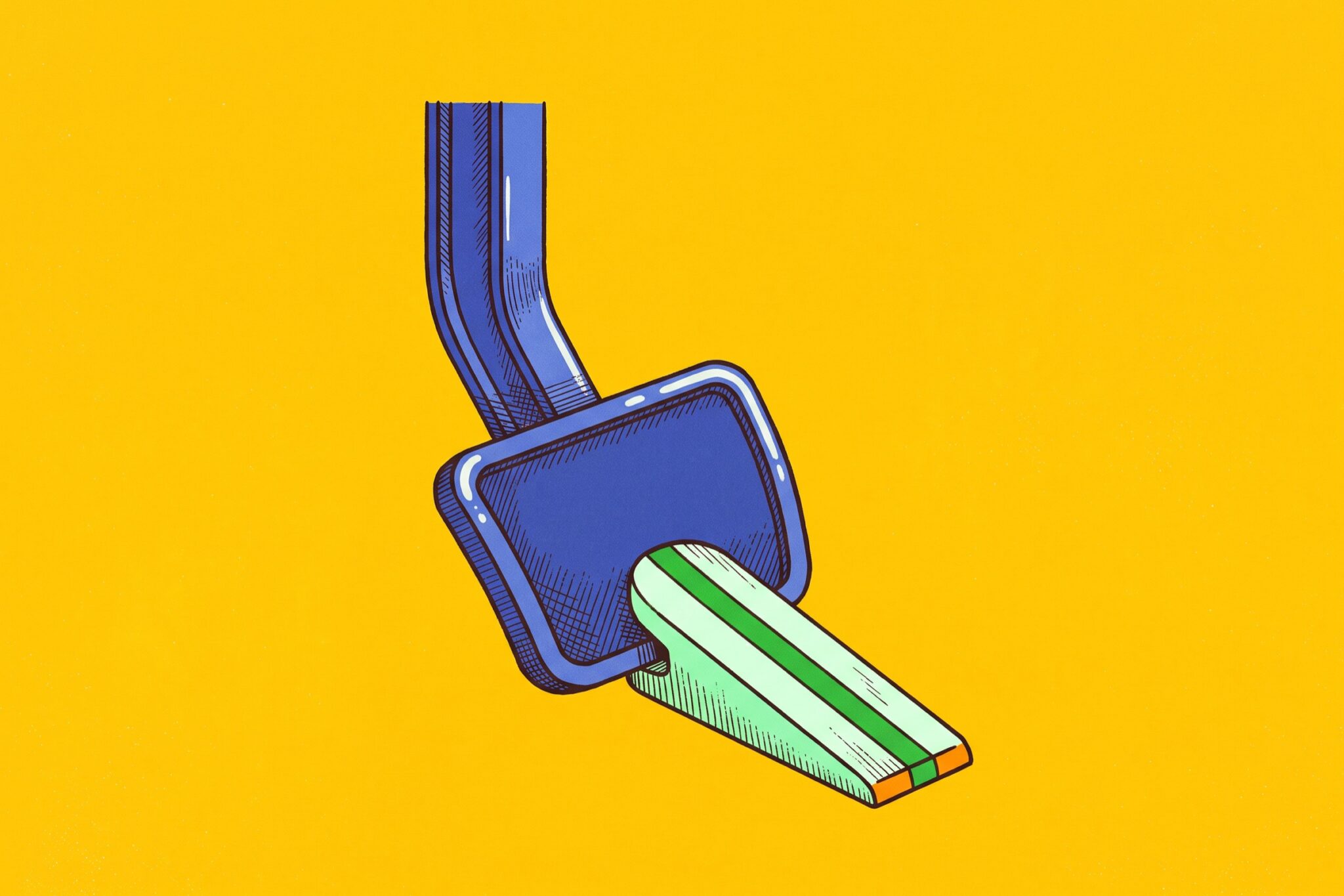 A blue car gas pedal assembly with a bright mint-green wooden doorstop wedged tightly underneath it.