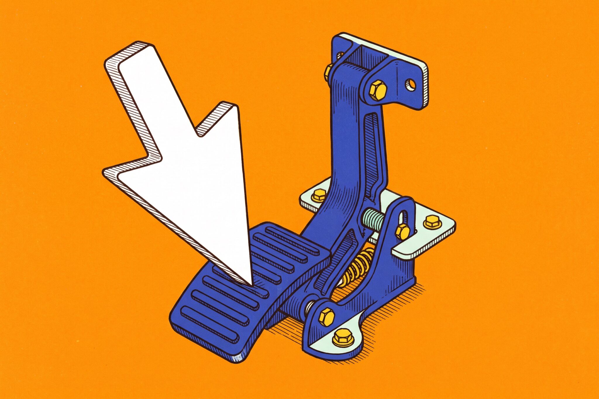 A white computer cursor pressing down on a cobalt blue gas pedal against an orange background.