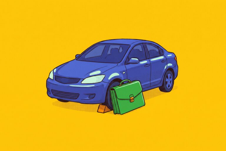 A bright green professional briefcase wedged behind the rear tire of a cobalt blue generic vehicle.