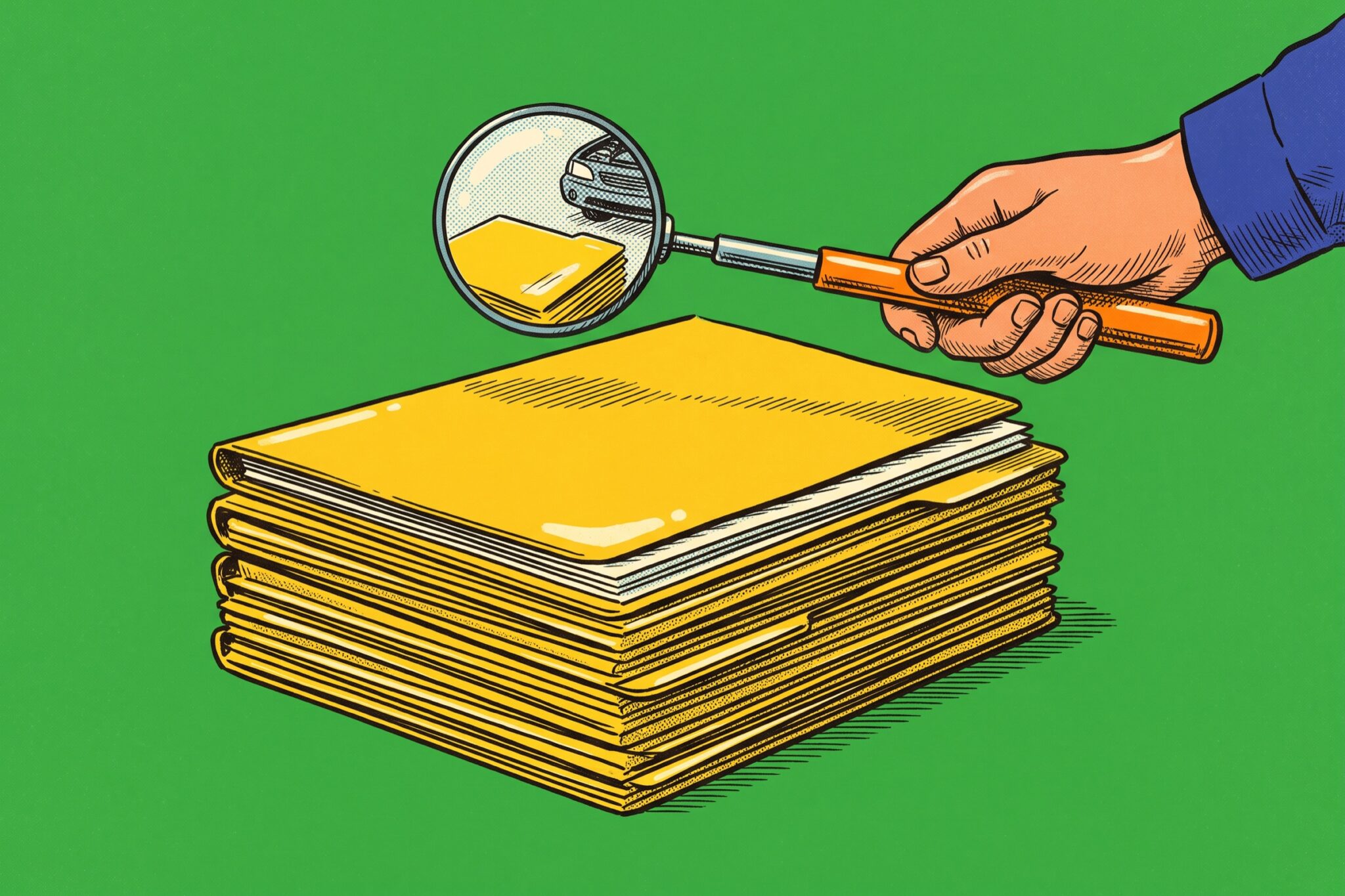 A disembodied hand holding a round blue mechanic's inspection mirror over a stack of yellow folders.