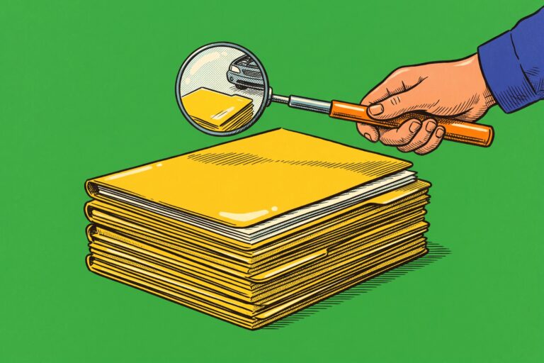 A disembodied hand holding a round blue mechanic's inspection mirror over a stack of yellow folders.