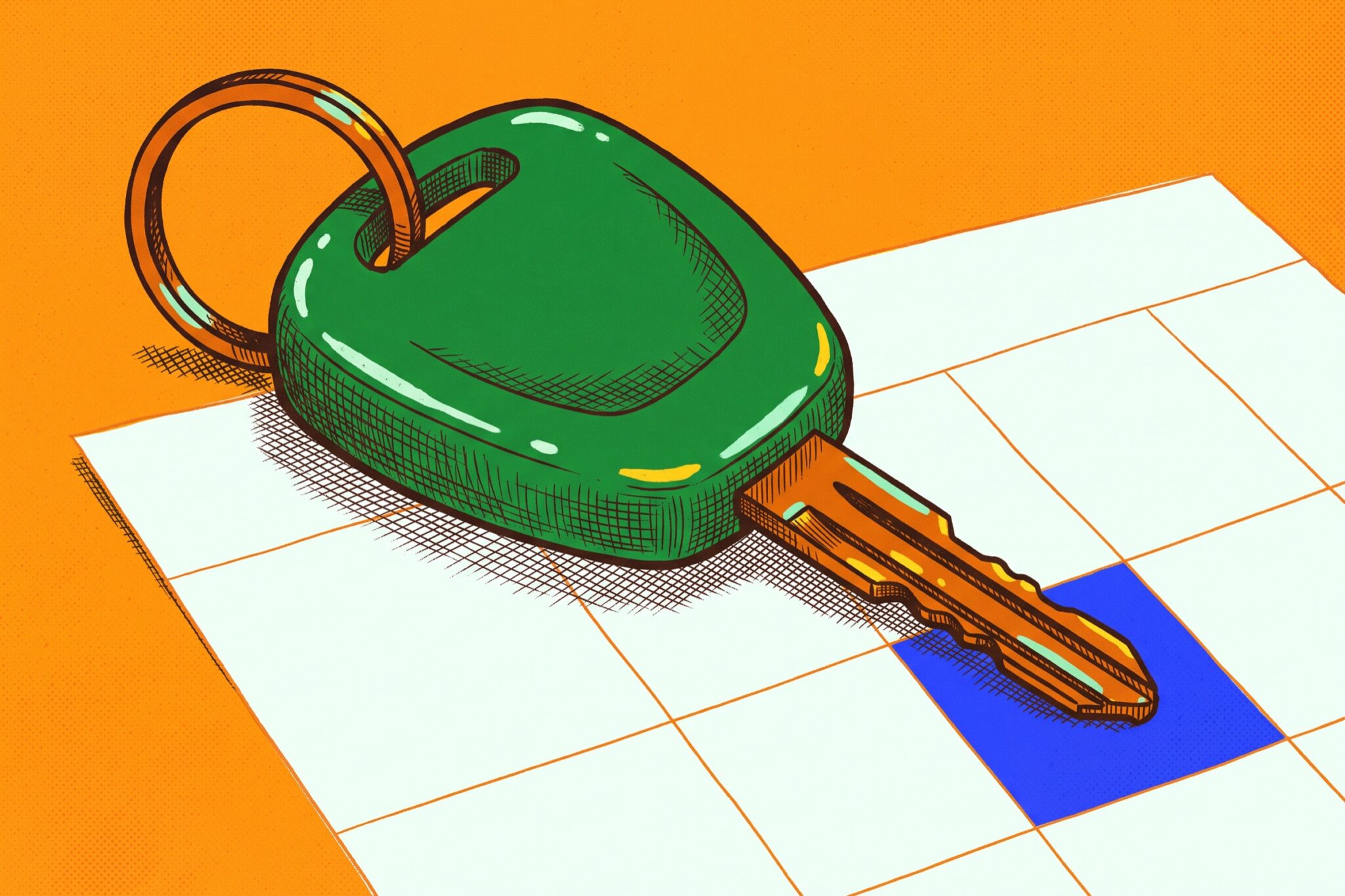 A dark green car key resting on a blank white calendar grid with one square colored bright cobalt blue.