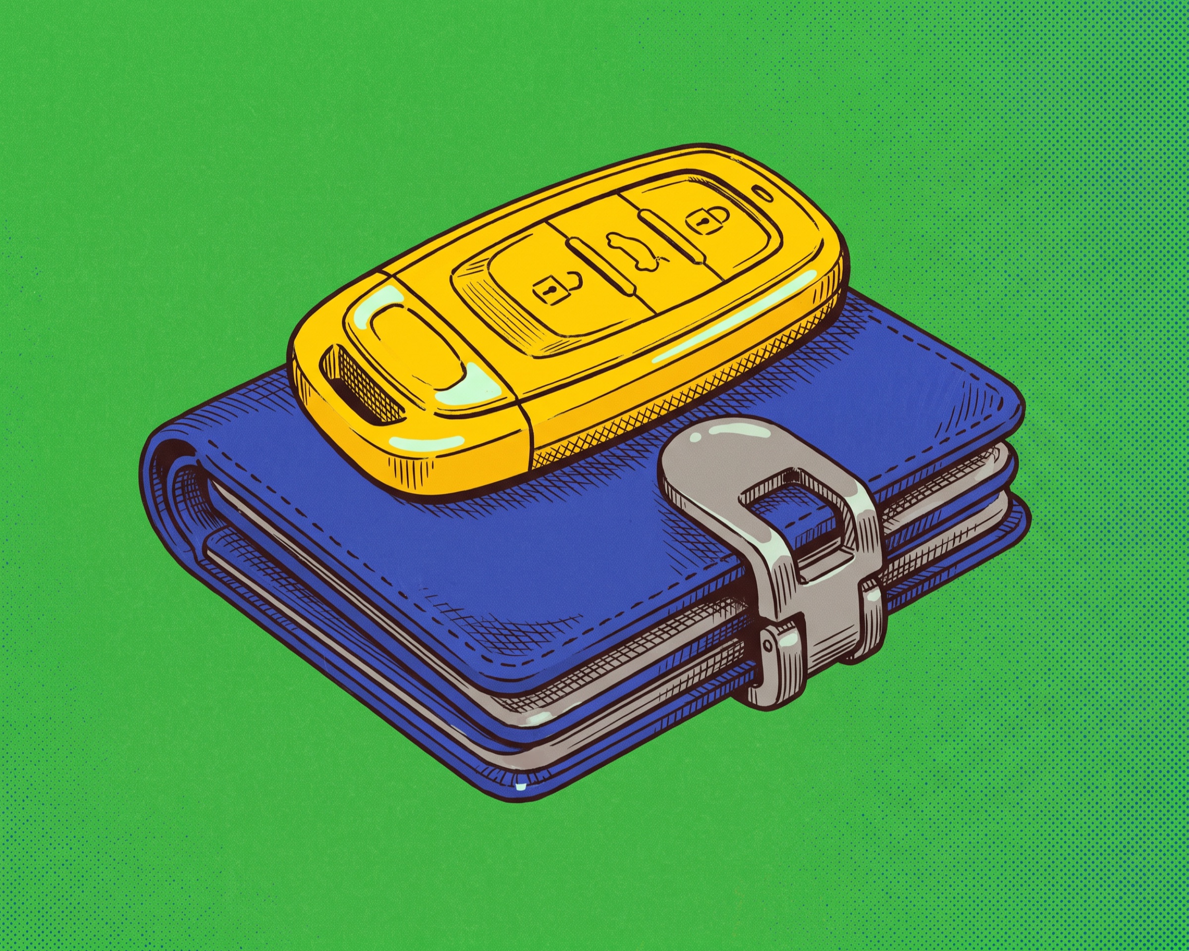 A yellow Audi car key fob rests on top of a folded cobalt leather wallet secured with a gray metal clasp.