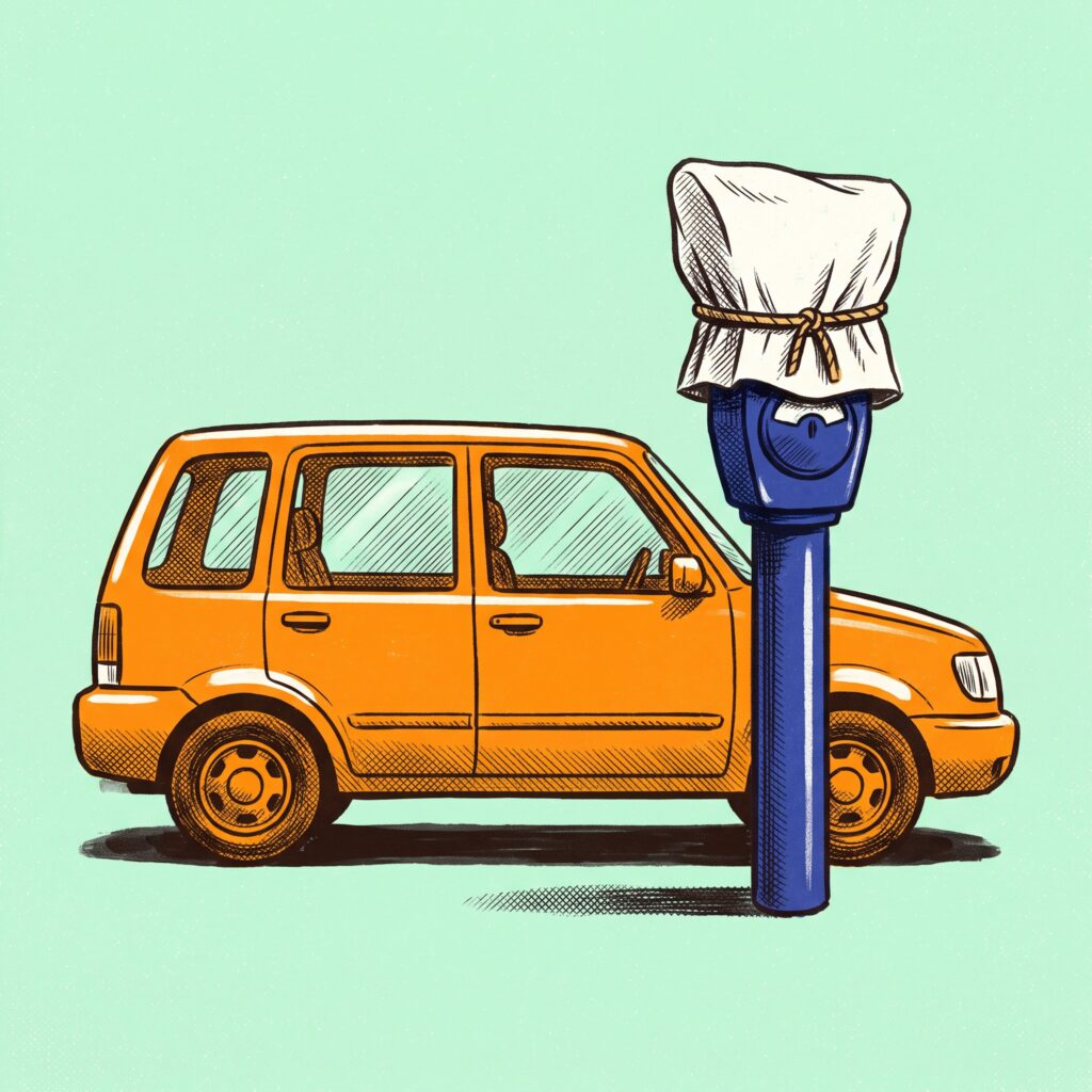 An orange generic car parked next to a cobalt sidewalk parking meter covered by a white canvas hood.